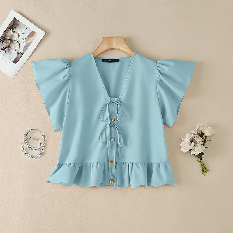 ZANZEA Summer Women Tops 2026 Elegant V Neck Short Sleeve Work Shirt Femme Casual Lace -Up Blusas Stylish Ruffled Holiday Blouse
