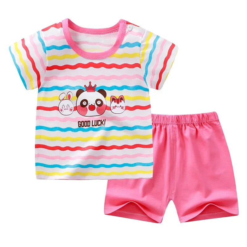 2-6 Years Baby Girl Summer Set Children's Short-sleeved Shorts Suit Cotton T-shirt Little Girls Unicorn Giraffe Cartoon Set