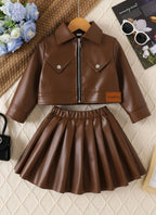 Children's Clothing for Girls, Spring and Autumn Stylish Pu Jacket and Versatile Short Skirt Two-Piece Set, New Fashion Street Style Cool Half Skirt, Easy to Clean, New Versatile Pu Leather Outfit