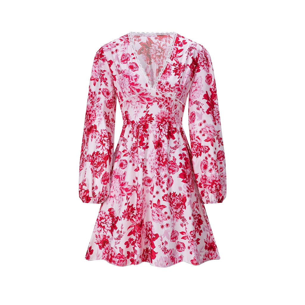 European and American Women's Clothing 206 New Product Lace Lace V-neck Printed Casual Vacation Long Sleeved Dress
