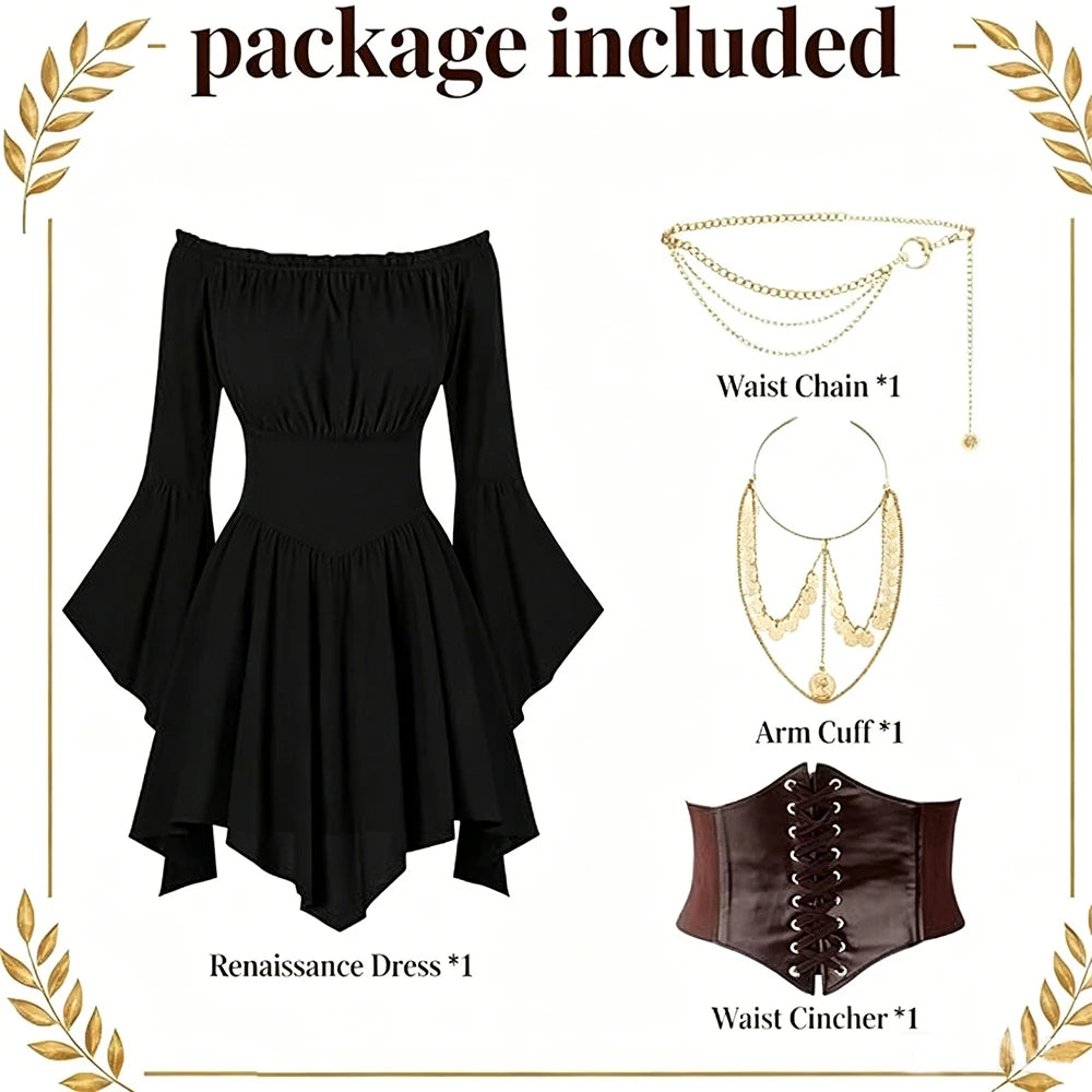 Women's Dress Vintage European-Style Off-The-Shoulder Bell-Sleeve Medieval Renaissance Court-Style Dresses Halloween Costume