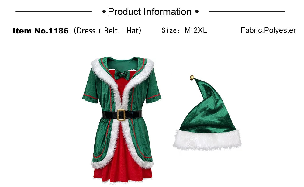 Christmas Elf Costume for Adults Men Women Couple Green Velvet Dress Suit Belt Hat Striped Stockings Xmas Party Cosplaywear