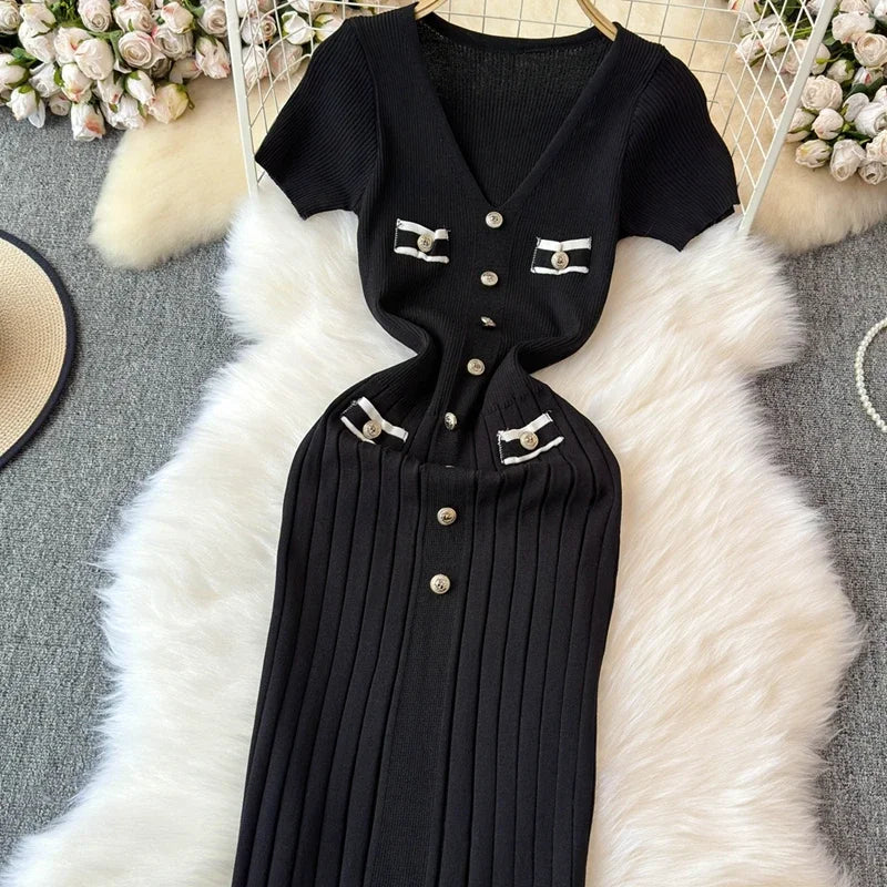 Elegant Knitted Long Dress Women Summer V Neck Single Breatsed Short Sleelve Bodycon Dresses Fashion Party Office Lady Vestidos