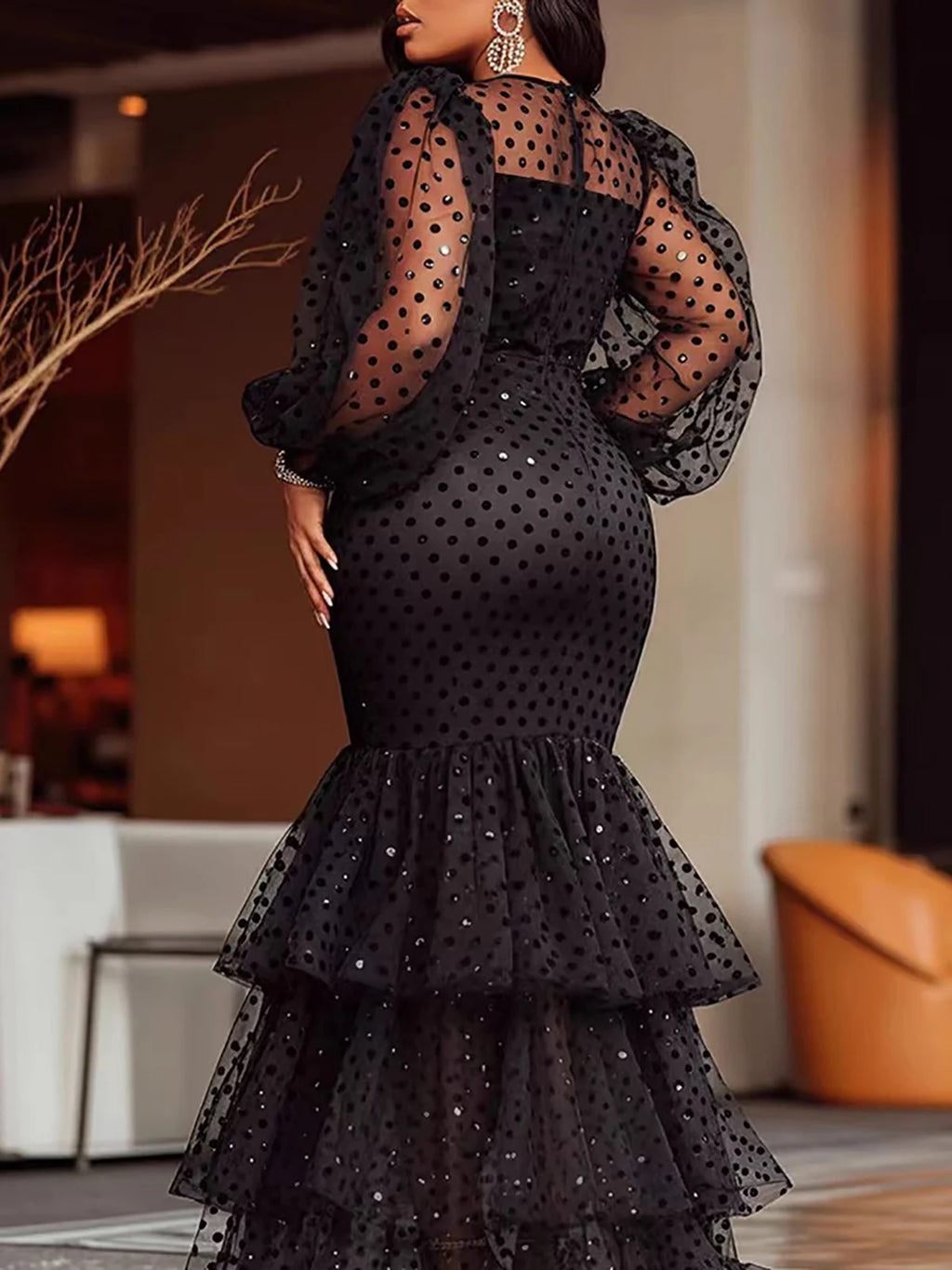 Women's Plus Size Polka Dots Evening Dress Crew Neck Mesh Sheer Prom Party Robe Dress Tiered Ruffle Hem Chic Formal Maxi Dresses