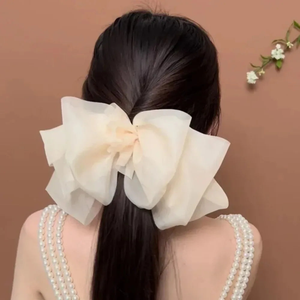 Woman White Black Chiffon Bowknot Hair Clip Super Big Bowknot Barrette for Girls Comfortable Headwear Hair Apparel Accessories