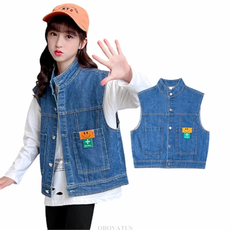 New Fashion Kids Girl Denim Vest Wasitcoat with Smile Face Outerwear Vintage Blue Children Casual Sleeveless Denim Jacket Outfit