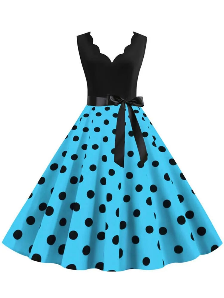 Women Dot Print Dress Summer Sexy V-neck Sleeveless Elegant Vintgae Party Dress Vestidos  S~3XL Robe Femme