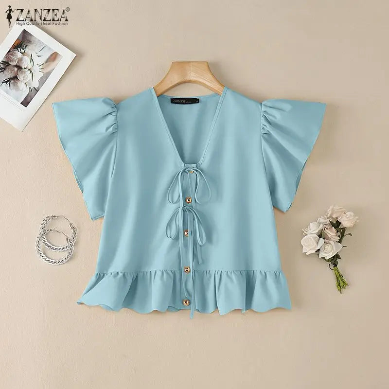 ZANZEA Summer Women Tops 2026 Elegant V Neck Short Sleeve Work Shirt Femme Casual Lace -Up Blusas Stylish Ruffled Holiday Blouse