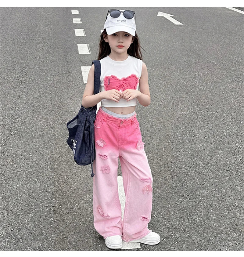 Teenage Girls Clothing Sets Hot Deals Bow Crop Top+Hole Wide Leg Jeans with Butterfly 2Pcs Fashion Gradient Child Clothes Suits