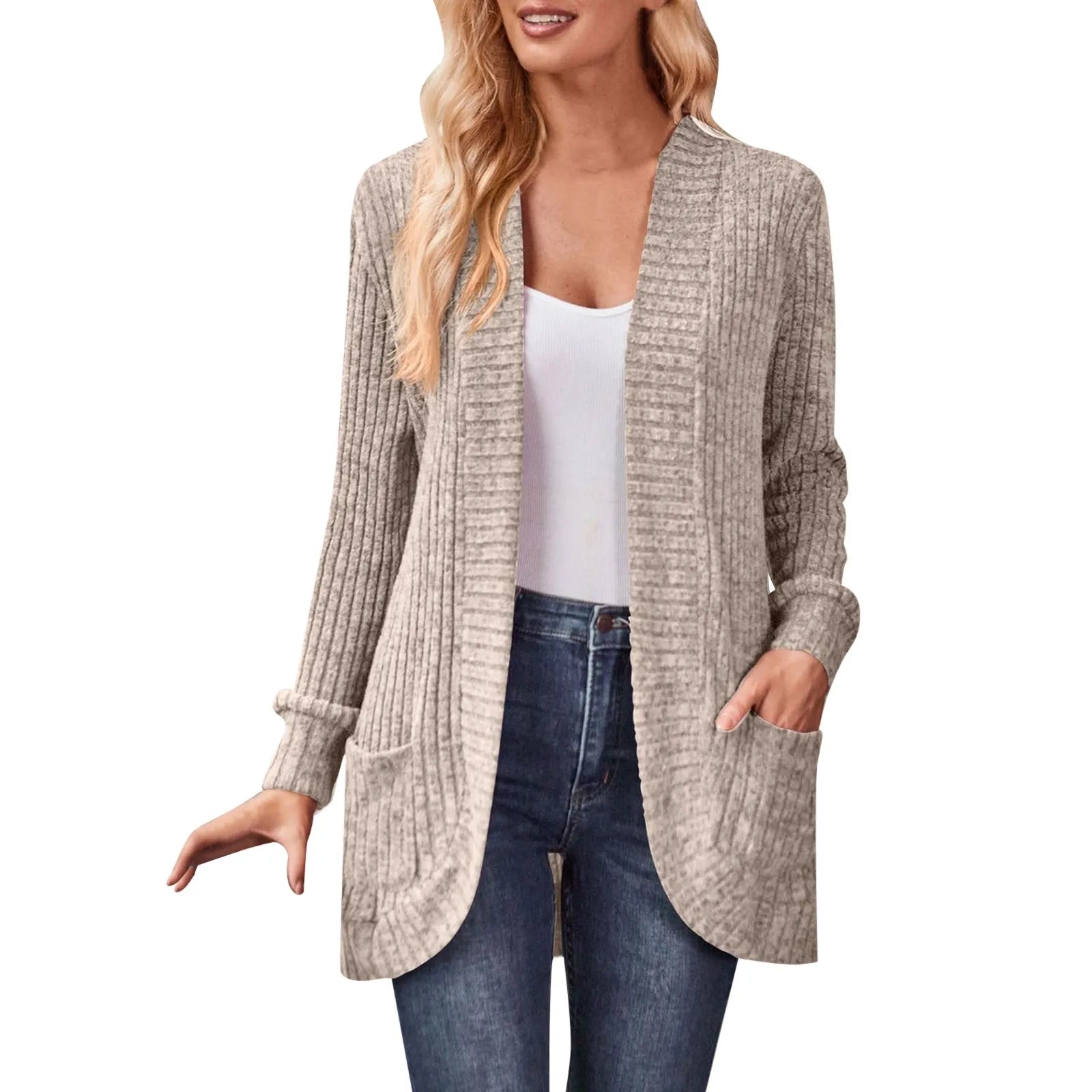 Cardigan Femme Ajouré Avec Poches – Ouvert Manches Longues Casual Automne
