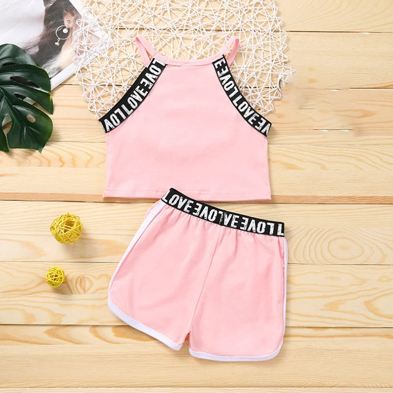 Trendy Summer Children's Sports Clothing Set 2-6Y Patchwork Letter Camisole and Shorts 2Pcs for Girls Kid's Casual Vest Outfit