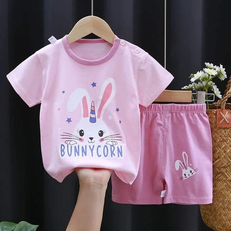 2-6 Years Baby Girl Summer Set Children's Short-sleeved Shorts Suit Cotton T-shirt Little Girls Unicorn Giraffe Cartoon Set
