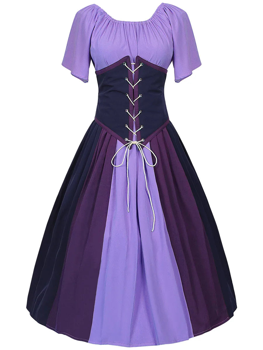 Costumes Halloween pour femmes,robe trapèze rétro médiévale,couleur contrastée,robe à épaules en un mot