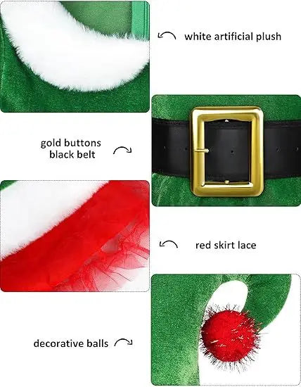 Women's Christmas Costume Set Santa Claus Outfit Velvet Dress With Striped Thigh-High Socks and Elf Hat