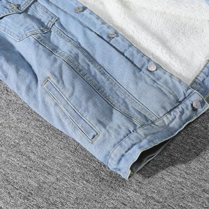Men's Denim Jacket Autumn Winter Thickened Fleece Collar Cotton Jacket Loose Fit Warm Korean Style Lamb Velvet Lined Coat