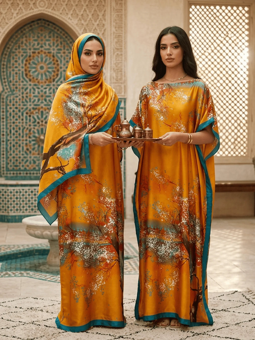 1 Set (Robe + Headscarf) Luxurious Women's Kaftan Robe - Vibrant Yellow Floral Print, Loose Batwing Sleeves, Elegant Long Gown, Suitable for Evening Parties, Beach Vacations, and Everyday Casual Wear