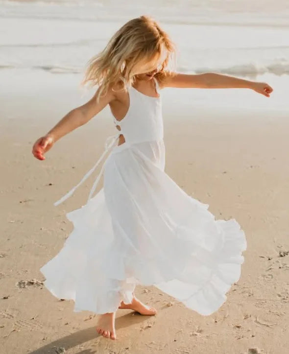 2026 Nordic Girls Spring Summer Cotton Linen Backless Bohemian Lace Mid Length Children Vest Dress