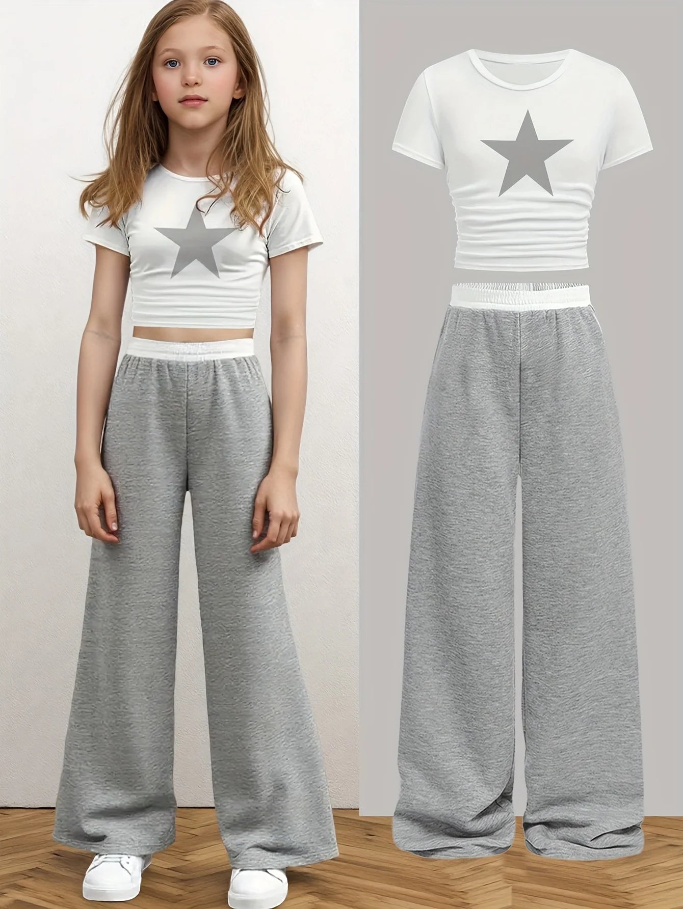 Children's Clothing Set for Summer: Girls' Sporty Solid Color Knit Star Print Short-Sleeve Top and Color-Blocked Straight-Leg Pants Two-Piece Set in White + Gray, Stylish and Casual, Suitable for Children Aged 5-13