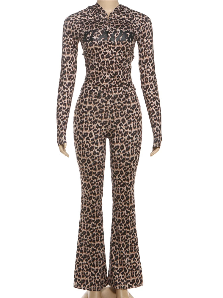 SiSterlinda Hooded 2 Piece Set Women Letter Leopard Zip Jacket+Flare Pants Casual Matching Stretch Sporty Streetwear Tracksuit