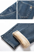 2025 Winter New Men's Fleece Thickened Jeans Retro Blue Hot Straight Casual Pants Stretch Premium Velvet Warm Denim Pants