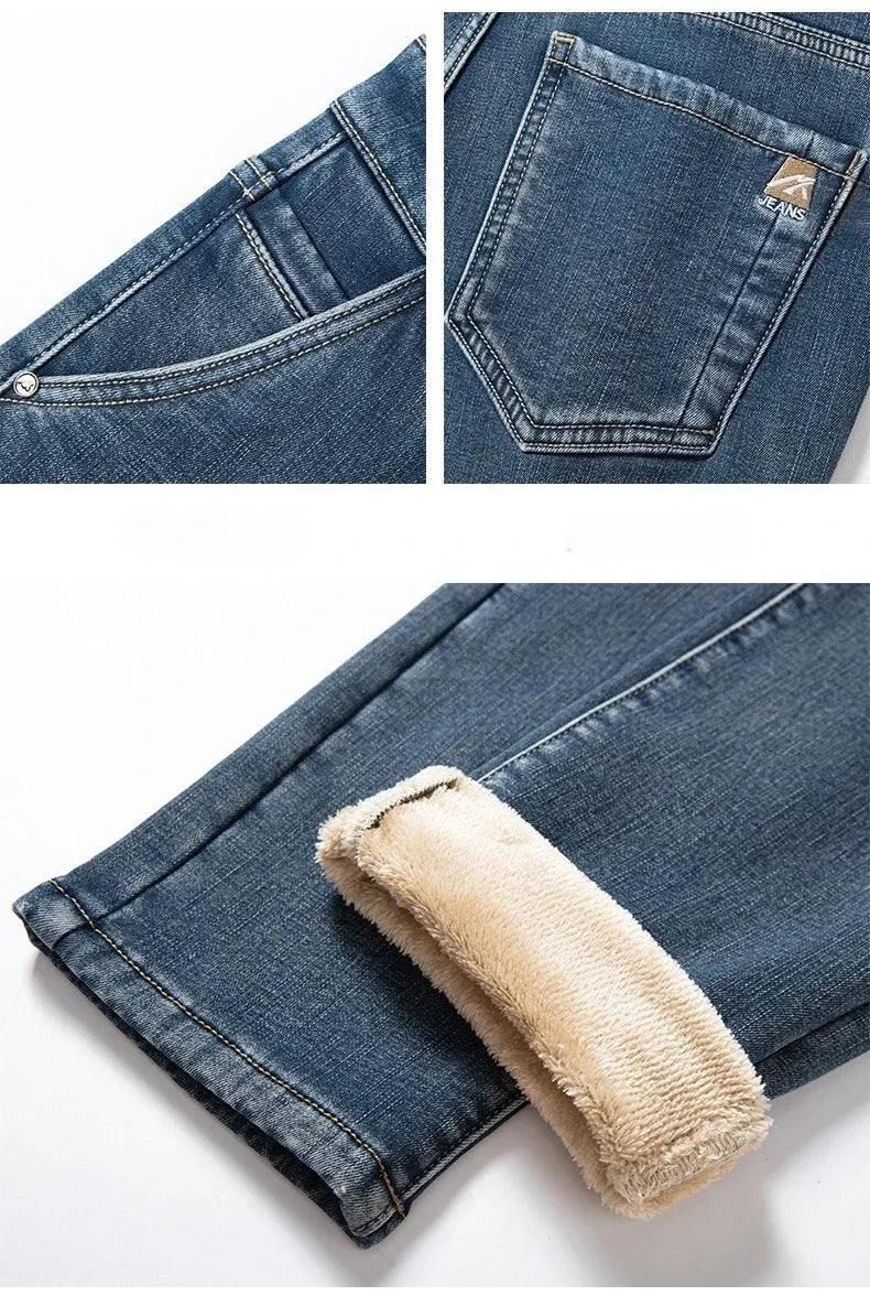 2025 Winter New Men's Fleece Thickened Jeans Retro Blue Hot Straight Casual Pants Stretch Premium Velvet Warm Denim Pants