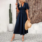 Women Ruffle Solid Pleated Long Dress Chic V Neck Short Sleeved
