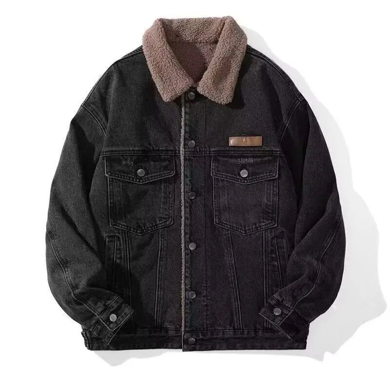 2026 Autumn and Winter Men's New Denim Jacket Fleece Thickened Retro Loose Casual Jacket