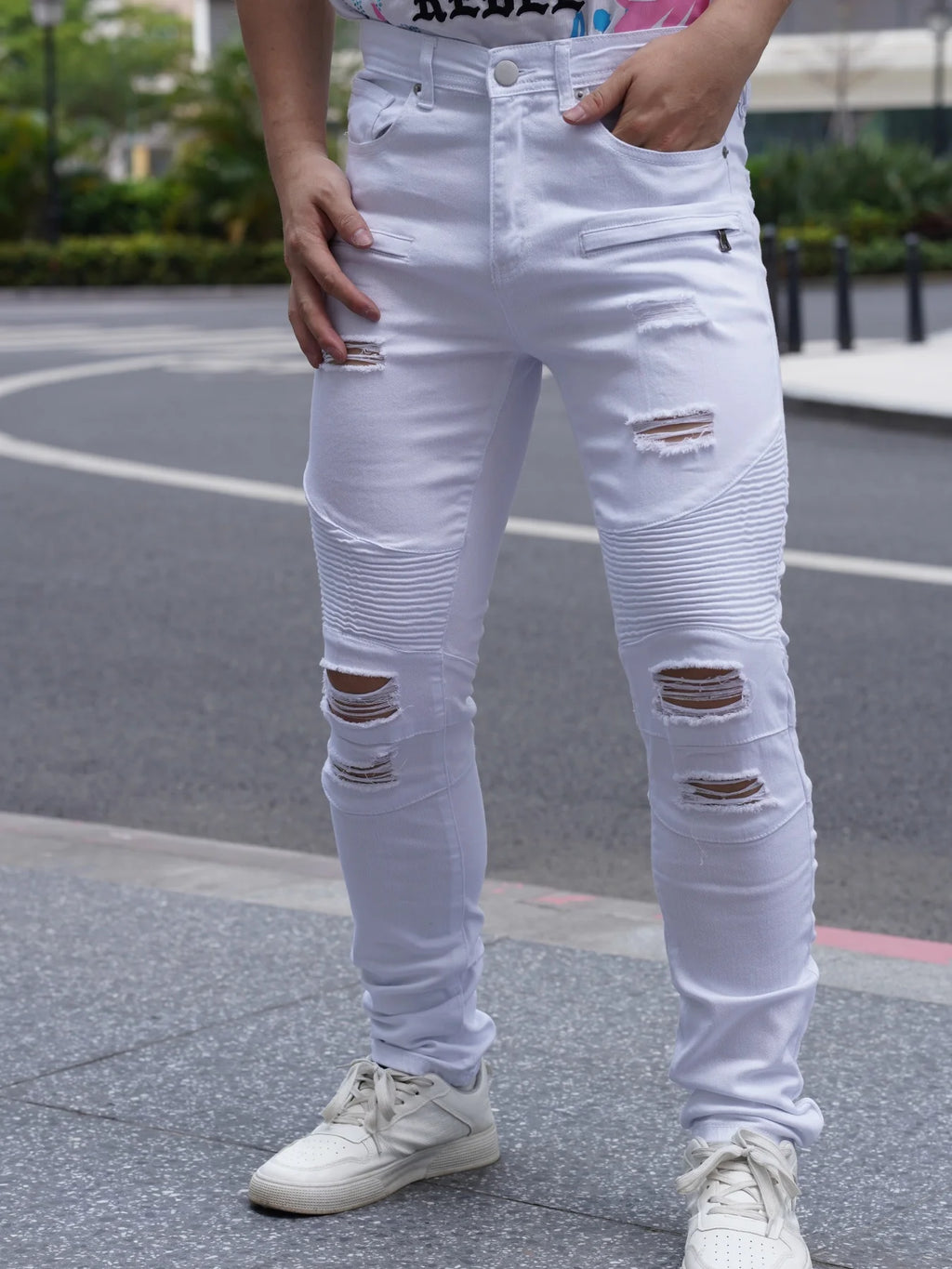 Jean blanc homme déchiré – Coupe slim streetwear