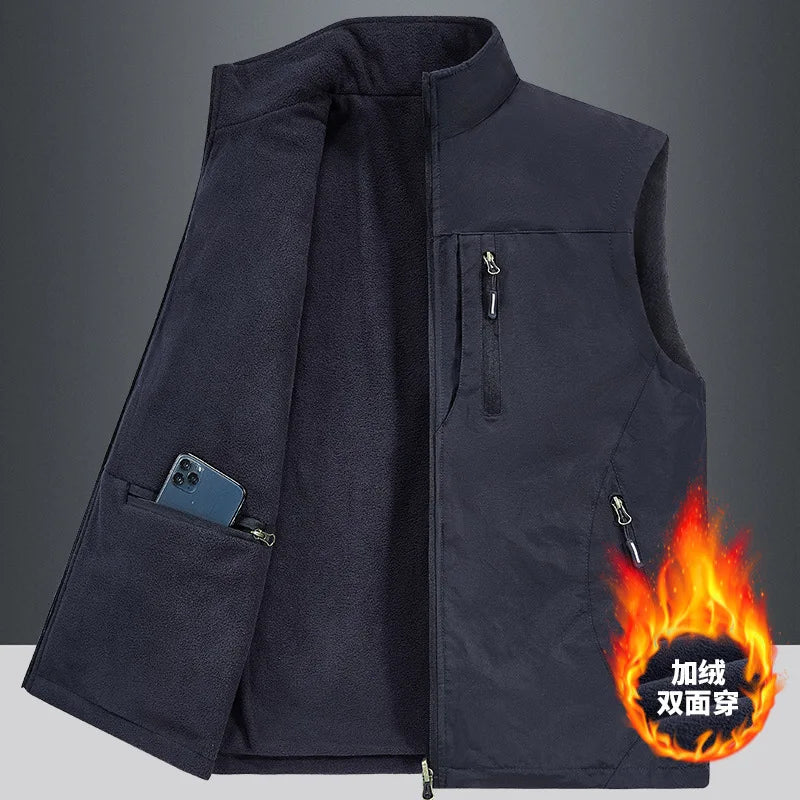 Men's Thickened Double-Sided Fleece Vest for Outdoor Sports Warm Comfortable Fleece Jacket Attached Multipurpose Vest