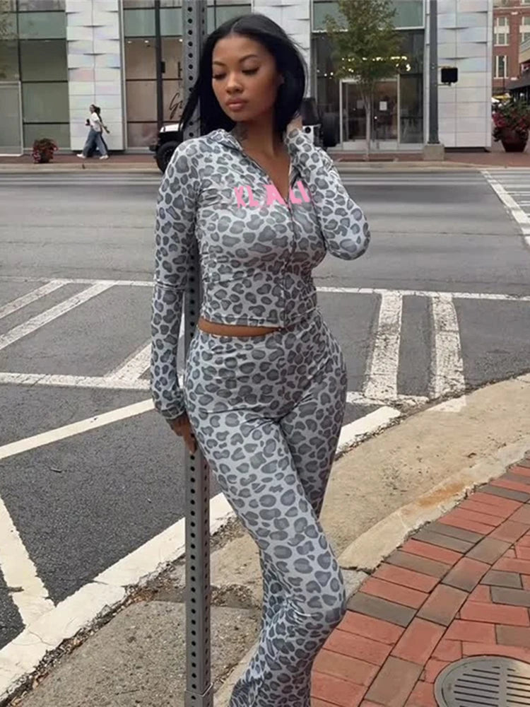 SiSterlinda Hooded 2 Piece Set Women Letter Leopard Zip Jacket+Flare Pants Casual Matching Stretch Sporty Streetwear Tracksuit