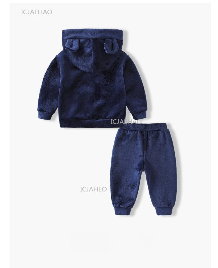 Boys Girls Velvet Warm Long Sleeve Hooded Outfit Set Children Clothing Casual Tracksuit Outdoor Wear Autumn Winter Kids Clothes