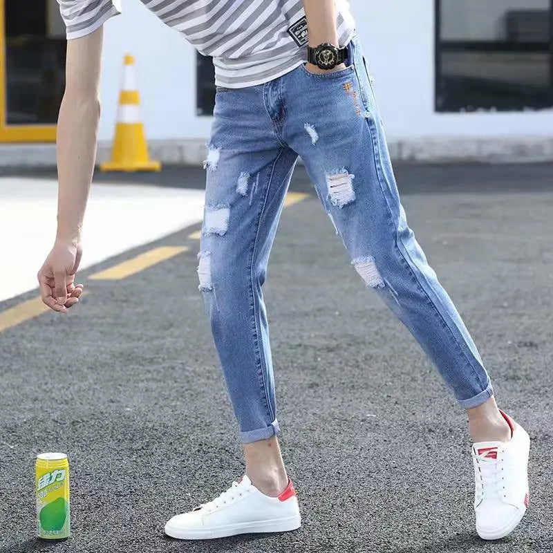 Men's Summer Thin Loose Straight Leg Jeans Casual Nine Point Ankle-Length Torn Elastic Cotton Denim Youth Fashion Wear