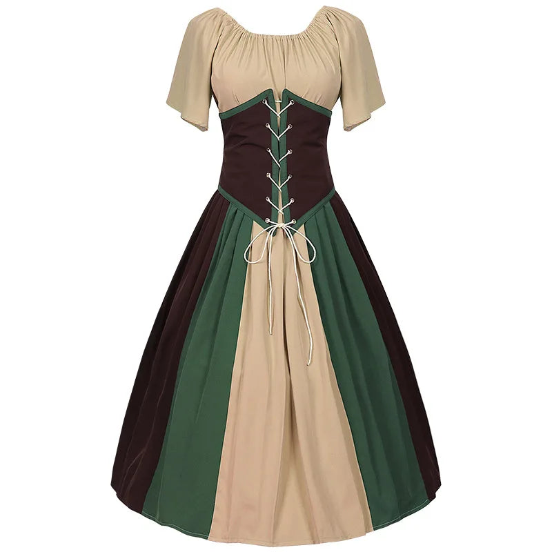 Costumes Halloween pour femmes,robe trapèze rétro médiévale,couleur contrastée,robe à épaules en un mot