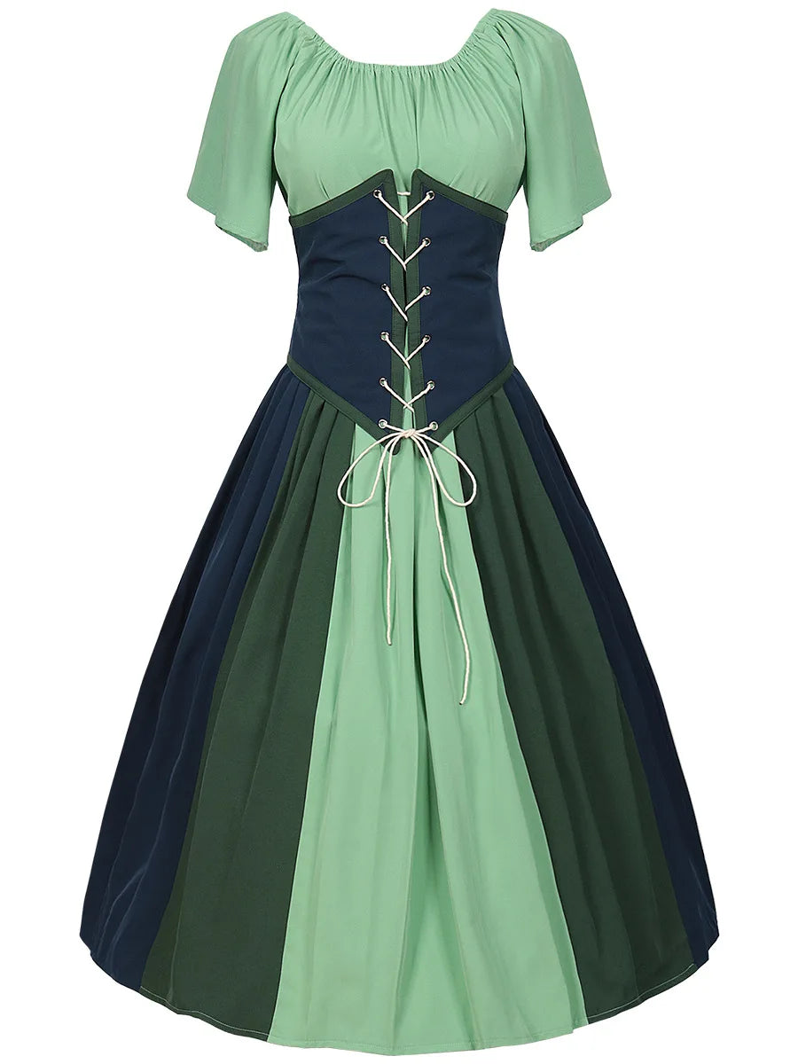 Costumes Halloween pour femmes,robe trapèze rétro médiévale,couleur contrastée,robe à épaules en un mot