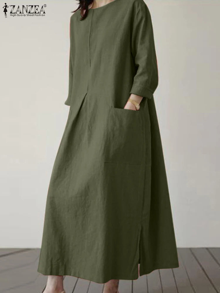 2024 ZANZEA Fashion Summer Vintage Women Solid 3/4 Sleeve Sundress Baggy Loose Casual Dress Oversize Vestidos Kaftan Robe Femme