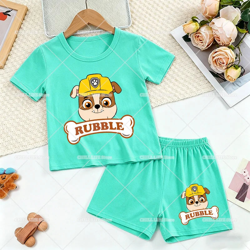 Paw Patrols 2pcs Pajama Suit Marshall Rubble Home Sleepwear Chase Skye Summer Pijamas Outfit Cartoon Print Soft Tops Shorts