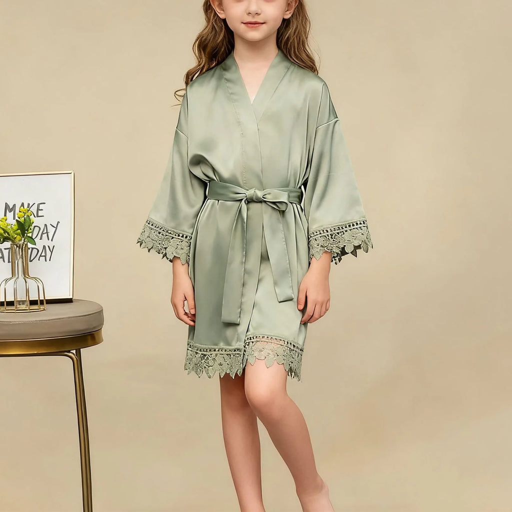 Children's Ice Silk Pajama Robe Solid Color Matte Lace Morning Robe Pajama Smooth Soft Comfortable Casual Child Sleeping Robe