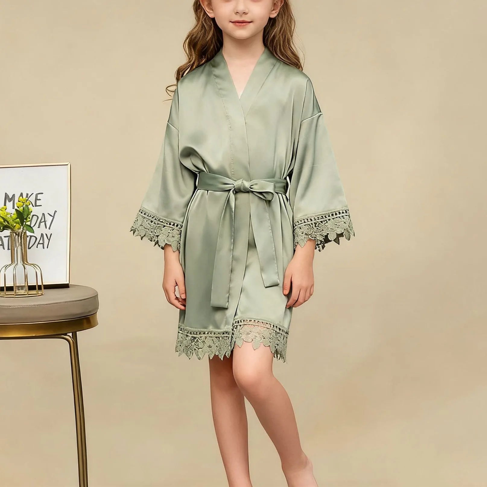 Children's Ice Silk Pajama Robe Solid Color Matte Lace Morning Robe Pajama Smooth Soft Comfortable Casual Child Sleeping Robe