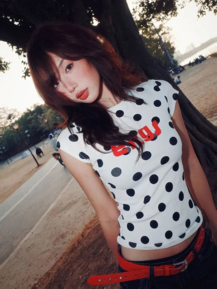 American Vintage Polka Dot Print Ropa Mujer New All-match Slim Exquisite T-shirt Hop Personalized Streetwear Shirts