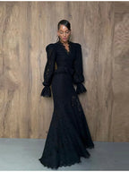 Elegant Solid Lace Ruffles Maxi Skirt Set Women Vintage Single Breasted Flared Sleeve V-neck Slim Blouse Suit Lady Party Outfits