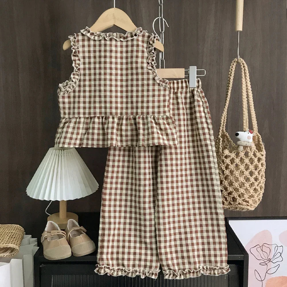 Korean Version 2-10 Year Old Girls and Teenagers Casual Suit with Checkered Lace Single Breasted Top and Pants Two-piece Set