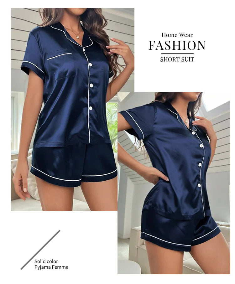 Elegant Satin Solid Pajamas Set Short Sleeve Lapel Buttons Top And Shorts Breathable Fabric Skin-Friendly Fit Women's Sleepwear