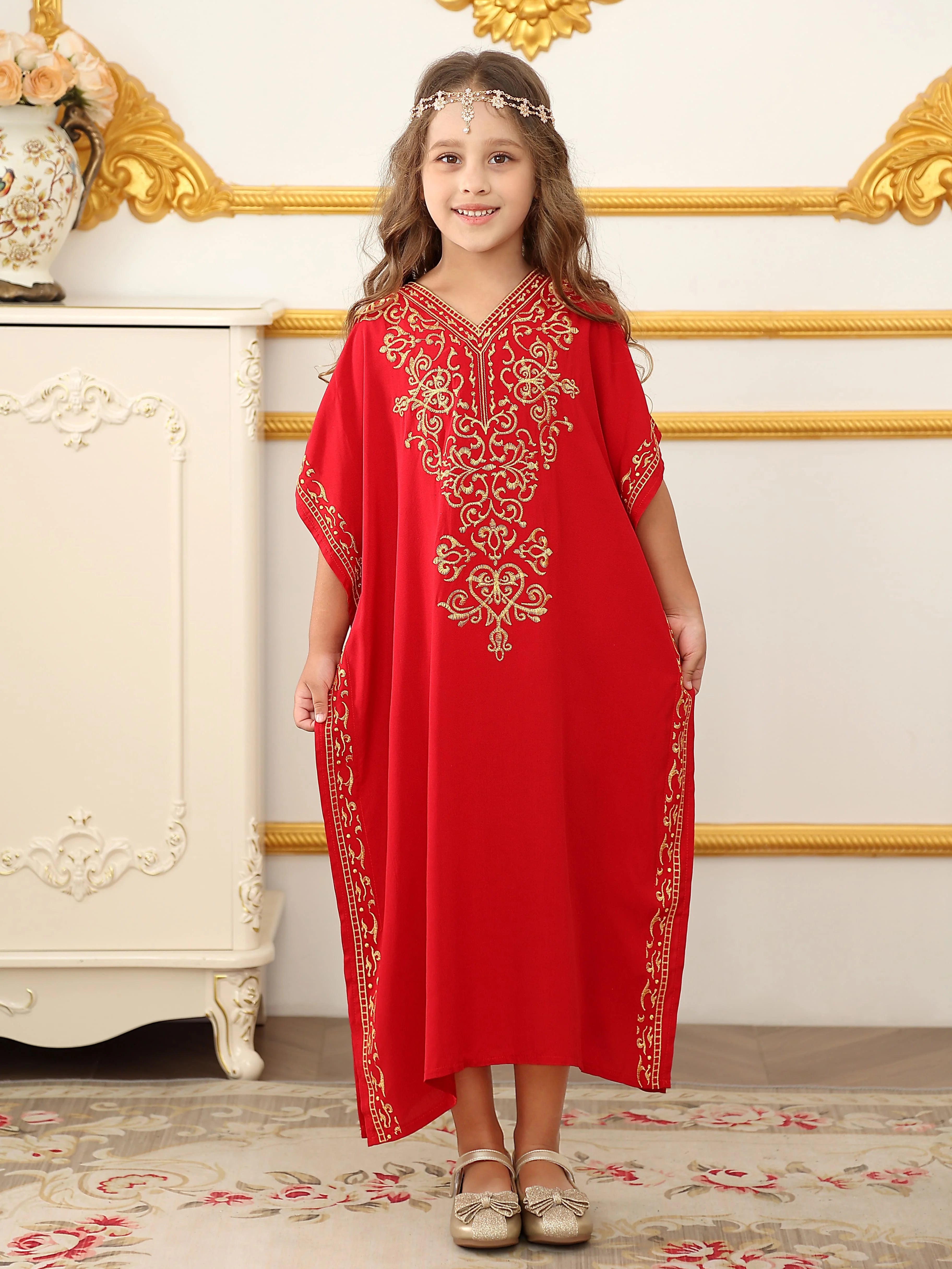 Children's Moroccan Robe Dress Girls Loose Casual Robe Embroidered Blouse Home Robe