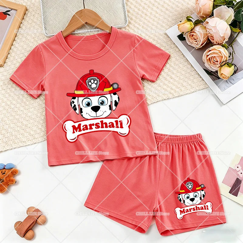 Paw Patrols 2pcs Pajama Suit Marshall Rubble Home Sleepwear Chase Skye Summer Pijamas Outfit Cartoon Print Soft Tops Shorts