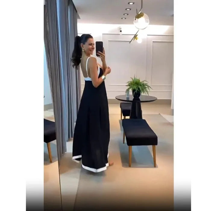 Women's Dress 2024 Summer Women's Clothing Fashion Elegant V-neck Casual Black and White Contrast Sleeveless Loose Long Dresses