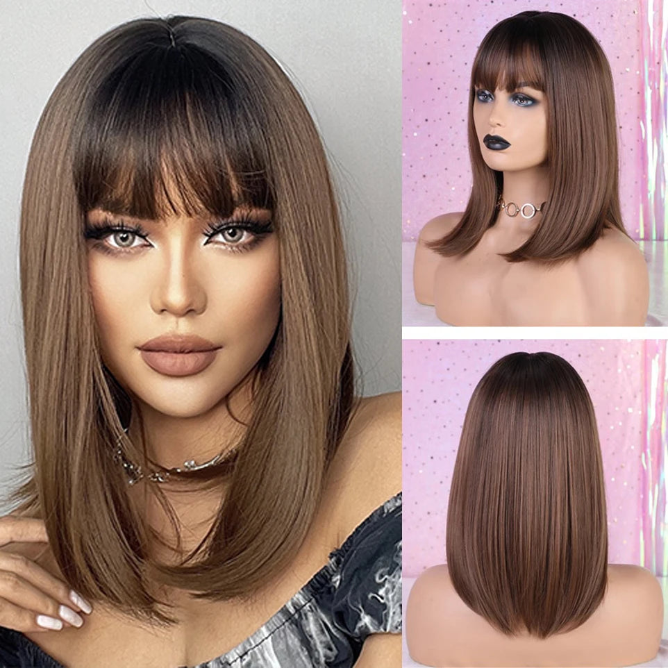 LOUIS FERRE Short Blonde Highlight Brown Bobo Wigs For Women Daily Cosplay Natural Straight Wig High Temperature Synthetic Wigs