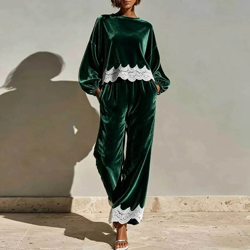 Round Neck Velvet Set Women Balloon Long Sleeve Scallop Lace Hem Top & Wide Leg Pants Suit Elegant Casual Holiday 2 Piece Outfit