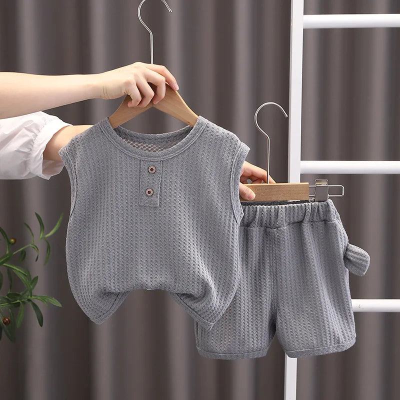 Korean Children Summer Sets Girl Boy Sleeveless Vest Shorts Suit Child Clothing Fashion Outfits Kids Costume
