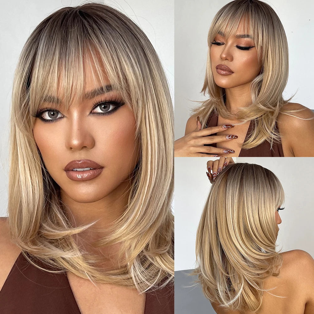 LOUIS FERRE Short Blonde Highlight Brown Bobo Wigs For Women Daily Cosplay Natural Straight Wig High Temperature Synthetic Wigs