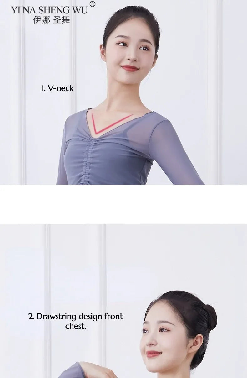 Ballet Adult Gymnastics Dance Top Long Sleeve Mesh Tops Women Transparent V Neck Drawstring Dancewear Practice Tops Costumes
